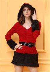 Christmas Clothing Long Sleeve Hooded Furry Christmas Dress with Belt