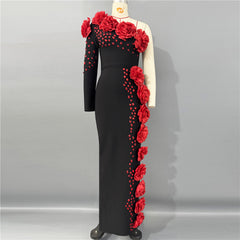 Sexy One Shoulder Beaded Red Floral Bandage Dress