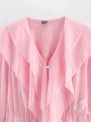 Pink Chiffon Elegant Layered V neck Tencel Ruffle Top