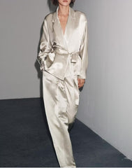 Elegant Blazer Satin Pants Two Piece Sets