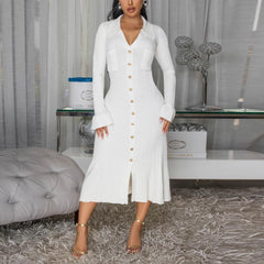 V neck Solid Color Dress Single Breasted Long Sleeve Dress