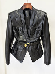 Belt Slim Fit Leather Jacket Coat