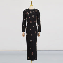 Women Elegant Diamond round Neck Top High Waist Dress Two Piece Set