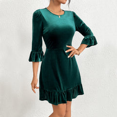 Round Neck Slim Fit Ruffled Short Dress
