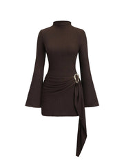 Knitted Texture Solid Color Slim Metal Buckle Dress