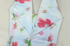 Floral Hip Swing Collar Long Printed Backless Pleated Dress