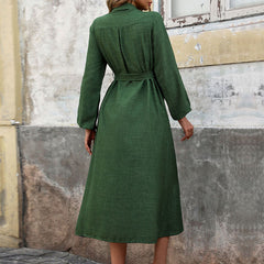 Turn down Collar Green Long Sleeve Dress