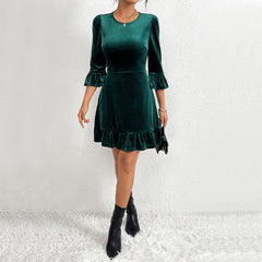 Round Neck Slim Fit Ruffled Short Dress