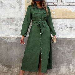 Turn down Collar Green Long Sleeve Dress
