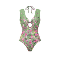 Green Floral One Piece Swimsuit Halter Set