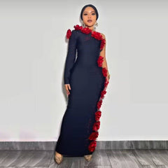 Sexy One Shoulder Beaded Red Floral Bandage Dress