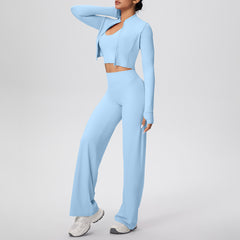 Solid Color Sports Zip Long Sleeve Coat Halterneck Vest Baggy Straight Trousers Set