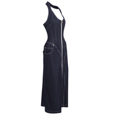Sleeveless Halter Slim Fit Backless Sheath Denim Dress