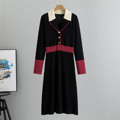 Women Spring Colorblock Waist Slim Collar Knitted Dress
