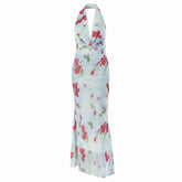 Floral Hip Swing Collar Long Printed Backless Pleated Dress