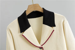 Women Spring Colorblock Waist Slim Collar Knitted Dress