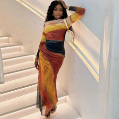 Neck Pullover Long Sleeve Split Pleated Dress