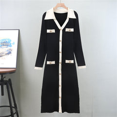 V Neck Pullover Long Knitted Sweater A Line Dress