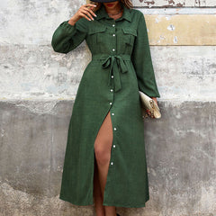 Turn down Collar Green Long Sleeve Dress
