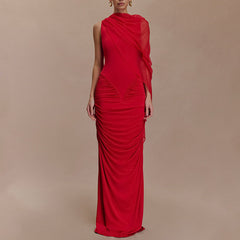 Fashionable Pleated Mesh Neck Slim Dress