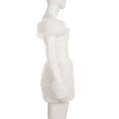 Furry Stitching off Shoulder Dress Sexy Slim Long Sleeve Hip Dress