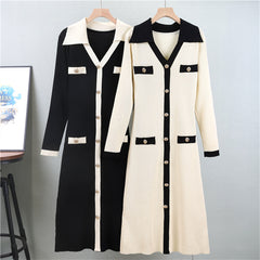 V Neck Pullover Long Knitted Sweater A Line Dress