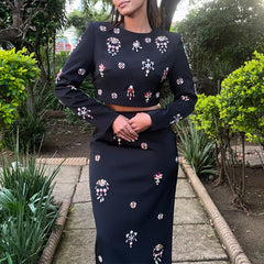 Women Elegant Diamond round Neck Top High Waist Dress Two Piece Set