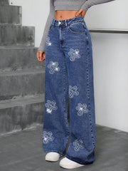 Floral Rhinestone Loose Straight Leg Denim