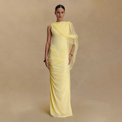 Fashionable Pleated Mesh Neck Slim Dress