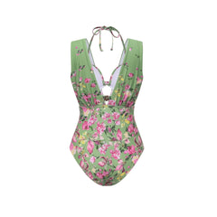 Green Floral One Piece Swimsuit Halter Set