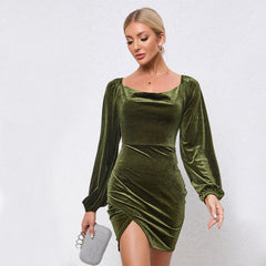 Slim Fit Slit Hip Wrapped Swing Collar