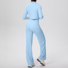 Solid Color Sports Zip Long Sleeve Coat Halterneck Vest Baggy Straight Trousers Set