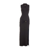 Metal Buckle Half Turtleneck Sleeveless Sheath Slit Dress