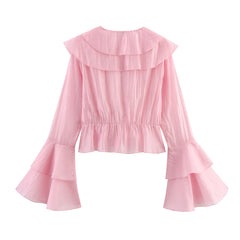 Pink Chiffon Elegant Layered V neck Tencel Ruffle Top