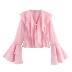 Pink Chiffon Elegant Layered V neck Tencel Ruffle Top