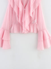 Pink Chiffon Elegant Layered V neck Tencel Ruffle Top