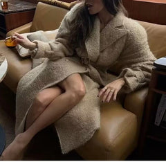 Women Clothing Autumn Beautiful Terry Woolen Double Breasted Overcoat Coat