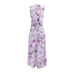 Printed Cross V neck Waist Controlled Lace up Sleeveless Dress