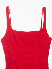 Slimming Fitted Waist Pleated Strap Dress