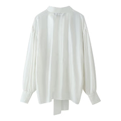V neck Long Sleeve Bowknot Straight Hem Shirt