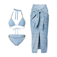 Bikini Triangle Sexy Denim Printing Split Swimsuit Wrap Skirt