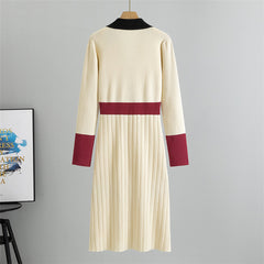 Women Spring Colorblock Waist Slim Collar Knitted Dress