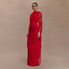 Fashionable Pleated Mesh  Neck Slim Dress