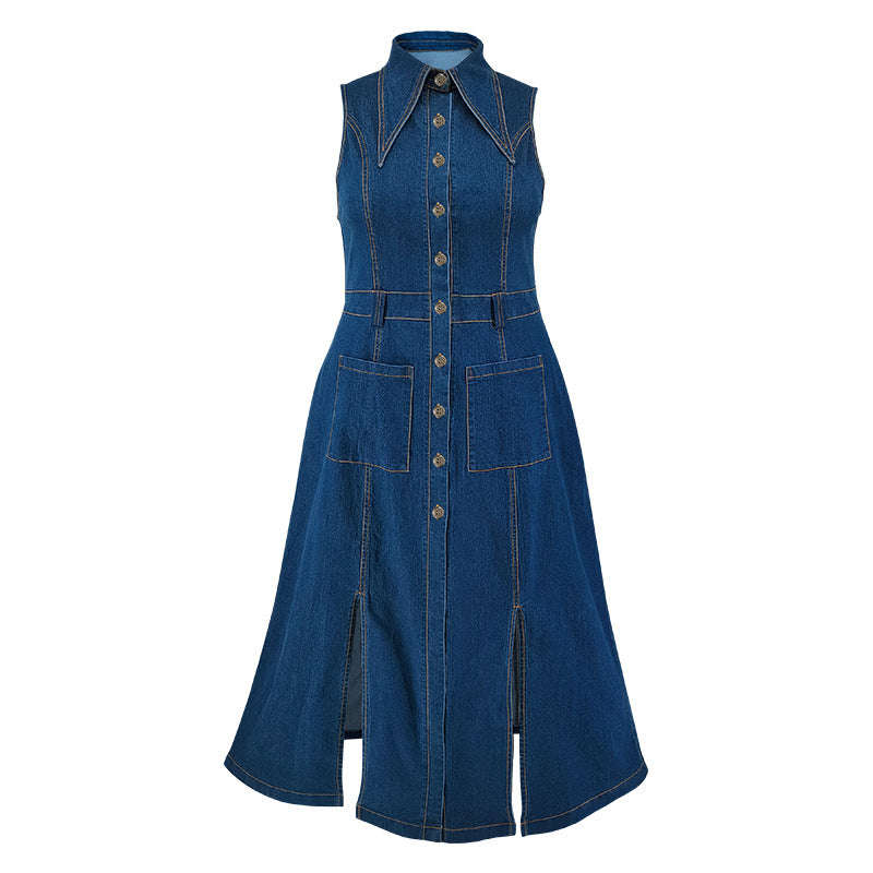 Jeans Cardigan Sleeveless Split Maxi Dress