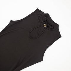 Metal Buckle Half Turtleneck Sleeveless Sheath Slit  Dress