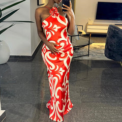 Printed Sexy Sleeveless Halter Three Dimensional Floral Decoration Sheath Dress Trendy Women