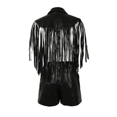 Leather Sleeveless Tassel Top Vest Shorts Two Piece Sets