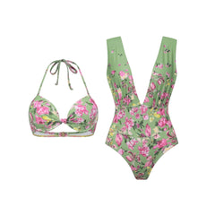 Green Floral One Piece Swimsuit Halter Set