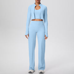 Solid Color Sports Zip Long Sleeve Coat Halterneck Vest Baggy Straight Trousers Set