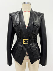 Belt Slim Fit Leather Jacket Coat